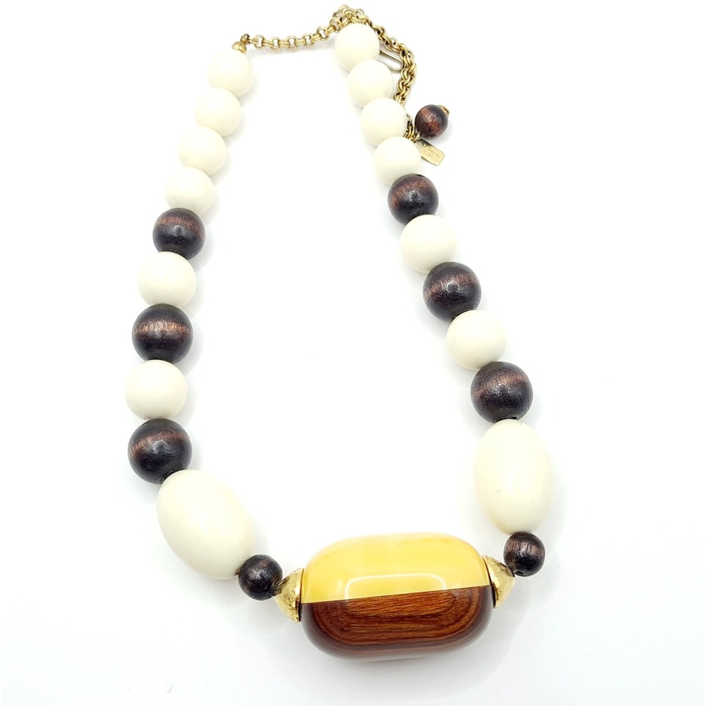 Vintage Kenneth Lane Bakelite Necklace Chunky Beads Yellow Brown Cream 
Boho 21"